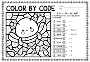anteprima - Esercizi - Color by code - Subtraction within 10 (Spring) Primavera Sottrazione Matematica Inglese - Pagina 1