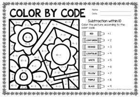 anteprima - Esercizi - Color by code - Subtraction within 10 (Spring) Primavera Sottrazione Matematica Inglese - Pagina 2