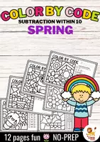 anteprima - Esercizi - Color by code - Subtraction within 10 (Spring) Primavera Sottrazione Matematica Inglese - Pagina di copertina
