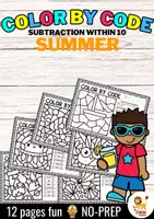 anteprima - Esercizi - Color by code - Subtraction within 10 (Summer) Estate Sottrazione Matematica Inglese - Pagina di copertina