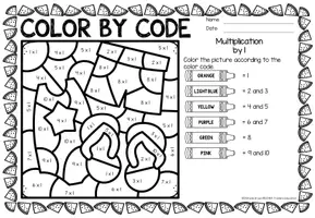 Vista previa - Hojas de trabajo - Color by code - Multiplication (Summer) Verano Multiplicación Matemáticas Inglés - página 1
