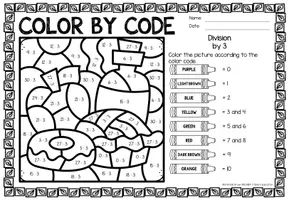 Aperçu - Feuilles d'exercices - Color by code - Division (Fall) Automne Divisions Mathématiques Anglais - Page 3