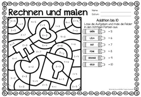 Vista previa - Hojas de trabajo - Rechen-Mal-Blätter - Addition bis 10 (Valentinstag) San Valentín Sumas y restas Matemáticas Alemán - página 3