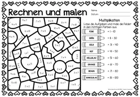 Voorbeeld - Rechen-Mal-Blätter - Multiplikation (Valentinstag) Valentijnsdag Wiskunde Duits - Pagina 2