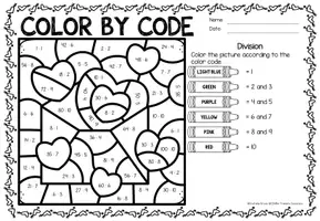 anteprima - Esercizi - Color by code - Division (Valentine's Day) | San Valentino Divisione Matematica Inglese - Pagina 1