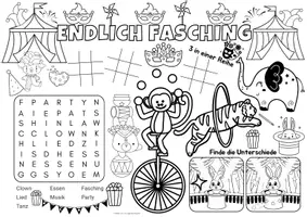 Vorschau - Arbeitsblätter - Ausmalbilder Fasching - Spiel- & Rätselmatte "Fasching" | Fasching Rätsel | Aufgaben für Schnelle | Ich bin fertig Aufgaben | Lückenfüller - Seite 1