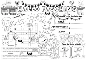 Vorschau - Arbeitsblätter - Ausmalbilder Fasching - Spiel- & Rätselmatte "Fasching" | Fasching Rätsel | Aufgaben für Schnelle | Ich bin fertig Aufgaben | Lückenfüller - Seite 1