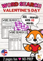 Aperçu - Feuilles d'exercices - XXL Word Search Puzzle (Valentine's Day) | February Saint-Valentin Février Anglais - Page de couverture