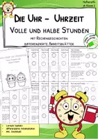 Vorschau - Arbeitsblätter - Uhrzeit lernen – Volle & halbe Stunden | Lernuhr, Arbeitsblätter & Rechengeschichten - Deckblatt