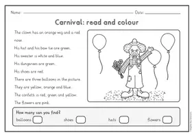 Vorschau - Arbeitsblätter - Carnival read and colour - 9 Bilder, 2-fach differenziert (Englisch) - Seite 1