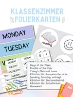 Vorschau - Stationenlernen - Folierkarten für das Klassenzimmer in Englisch (Wochentage, Monate, Datum, Sozialformen, Hausübungen, Aufgaben) - Deckblatt