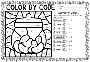 Aperçu - Feuilles d'exercices - Color by code - Subtraction within 10 (Easter) | Pâques Soustraction Mathématiques Anglais - Page 1