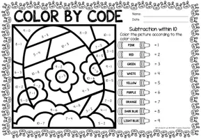 Aperçu - Feuilles d'exercices - Color by code - Subtraction within 10 (Easter) | Pâques Soustraction Mathématiques Anglais - Page 2