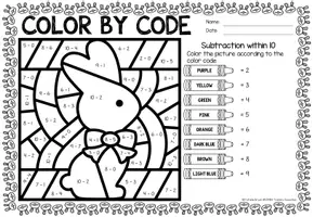 Aperçu - Feuilles d'exercices - Color by code - Subtraction within 10 (Easter) | Pâques Soustraction Mathématiques Anglais - Page 3