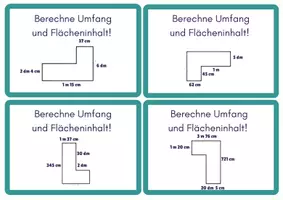 Vorschau - Aufgabenkarten - Übungskartei zusammengesetzte Flächen: Umfang und Flächeninhalt - Seite 2