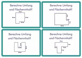 Vorschau - Aufgabenkarten - Übungskartei zusammengesetzte Flächen: Umfang und Flächeninhalt - Seite 3