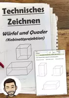 Vorschau - Unterrichtsreihen - Technisches Zeichnen: Lerntheke zur Kabinettprojektion: 01 Würfel und Quader Zeichnen - Übungsaufgaben inkl. Lösung - Deckblatt