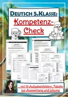 Vorschau - Stundenentwürfe - Leistungsnachweis / Wiederholungsheft / Lernstandserhebung / Kompetenz-Check Deutsch für den Schulstart in einer 5.Klasse (mit 19 Aufgabenfeldern: Rechtschreibung, Grammatik, Hörverstehen, Lesen, Schreiben - inkl. Lösung, um Leistungsstand zu überprüfen) - Deckblatt
