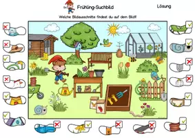 Vorschau - Arbeitsblätter - Suchbild Frühling, visuelle Wahrnehmung und Leseförderung Klasse 1, Vorschule, Förderunterricht - Seite 1