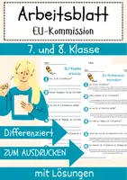 Vorschau - Arbeitsblätter - EU-Kommission Arbeitsblatt 7. & 8. Klasse Europaparlament AB mit Lösungen - Deckblatt