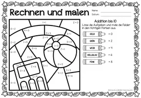 Aperçu - Feuilles d'exercices - Rechen-Mal-Blätter - Addition bis 10 (Sommer) Été Additions Mathématiques Allemand - Page 3