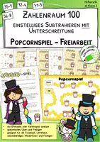 Vorschau - Stationenlernen - Rechenpopcorn - einstellige Subtraktion mit Zehnerübergang - Zehnerunterschreitung - Rechenspiel - Deckblatt