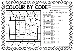Aperçu - Feuilles d'exercices - Color by code - Addition to 10 (Christmas) | Noël Additions Mathématiques Anglais - Page 1