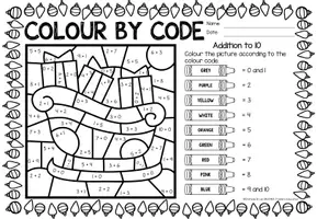 Aperçu - Feuilles d'exercices - Color by code - Addition to 10 (Christmas) | Noël Additions Mathématiques Anglais - Page 2