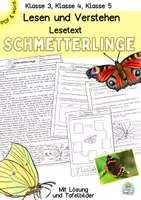 Vorschau - Stundenentwürfe - Lesetext Schmetterling, Sachtext mit Leseaufgaben Klasse 3, 4, 5, Leseverstehen - Deckblatt