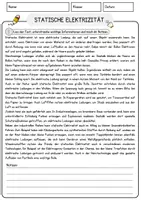 Vorschau - Arbeitsblätter - Statische Elektrizitaet Physik Arbeitsblätter mit Lösungen Lesetext - Seite 1