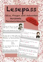 Vorschau - Arbeitsblätter - Lesepass Sätze, Fragen und Antworten Berühmte Persönlichkeiten Satzebene - Deckblatt