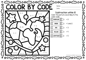 Προεπισκόπηση - Φύλλα εργασίας - Color by code - Subtraction within 10 (Earth Day) | April Απρίλιος Αφαίρεση Μαθηματικά Αγγλικά - Σελίδα 1