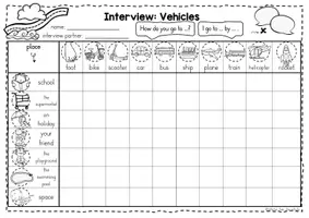 Vorschau - Arbeitsblätter - Vehicles/means of transport and places - Class Survey Englisch Grundschule (Klasse 3–4) – Interview & Speaking Activity für Wortschatztraining Fahrzeuge | Arbeitsblätter - Seite 1