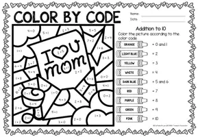Aperçu - Feuilles d'exercices - Color by Code - Addition to 10 (Mother's Day) | May Fête des Mères Additions Mathématiques Anglais - Page 1
