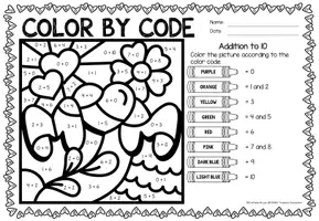 Aperçu - Feuilles d'exercices - Color by Code - Addition to 10 (Mother's Day) | May Fête des Mères Additions Mathématiques Anglais - Page 2