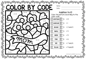 Aperçu - Feuilles d'exercices - Color by Code - Addition to 10 (Mother's Day) | May Fête des Mères Additions Mathématiques Anglais - Page 3