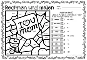 Aperçu - Feuilles d'exercices - Rechen-Mal-Blätter - Addition bis 10 (Muttertag) Mai Fête des Mères Additions Mathématiques Allemand - Page 2