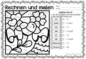 Aperçu - Feuilles d'exercices - Rechen-Mal-Blätter - Addition bis 10 (Muttertag) Mai Fête des Mères Additions Mathématiques Allemand - Page 3