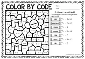 Aperçu - Feuilles d'exercices - Color by Code - Subtraction within 10 (Mother's Day) | May Fête des Mères Soustraction Mathématiques Anglais - Page 1
