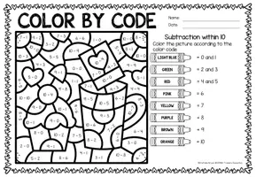 Aperçu - Feuilles d'exercices - Color by Code - Subtraction within 10 (Mother's Day) | May Fête des Mères Soustraction Mathématiques Anglais - Page 2
