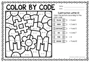 Aperçu - Feuilles d'exercices - Color by Code - Subtraction within 10 (Mother's Day) | May Fête des Mères Soustraction Mathématiques Anglais - Page 3