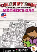 Aperçu - Feuilles d'exercices - Color by Code - Subtraction within 10 (Mother's Day) | May Fête des Mères Soustraction Mathématiques Anglais - Page de couverture