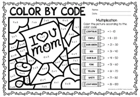 Aperçu - Feuilles d'exercices - Color by Code - Multiplication (Mother's Day) | May Fête des Mères Multiplications Mathématiques Anglais - Page 1