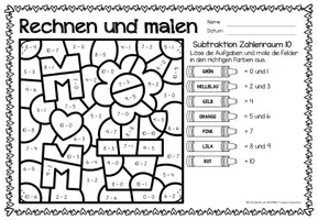 Aperçu - Feuilles d'exercices - Rechen-Mal-Blätter - Subtraktion ZR 10 (Muttertag) Mai Fête des Mères Soustraction Mathématiques Allemand - Page 2