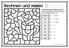 Aperçu - Feuilles d'exercices - Rechen-Mal-Blätter - Subtraktion ZR 10 (Muttertag) Mai Fête des Mères Soustraction Mathématiques Allemand - Page 3