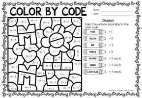 Aperçu - Feuilles d'exercices - Color by Code - Division (Mother's Day) | May Fête des Mères Divisions Mathématiques Anglais - Page 1