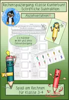 Vorschau - Arbeitsblätter - Schriftliche Subtraktion – Rechenspaziergang Klasse Kunterbunt | Abziehen mit und ohne Übertrag | Mathe Grundschule - Deckblatt