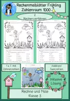 Vorschau - Arbeitsblätter - Rechenmalblätter Frühling für Klasse 3 & 4 Materialpaket: Zahlenraum 1000 & 1.000.000, Addition, Subtraktion & 1x1. Mit Lösungen. - Seite 1