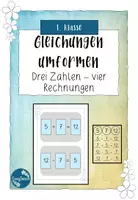 Vorschau - Spiele - Gleichungen umformen - 3 Zahlen 4 Rechnungen - Addition - 1. Klasse - Deckblatt