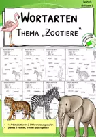 Vorschau - Arbeitsblätter - Wortarten - Nomen, Verben, Adjektive zum Thema "Zootiere" - Deckblatt